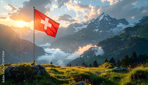 Swiss flag atop lush green hill, snow-capped mountains and a partly cloudy sky at sunset in the background