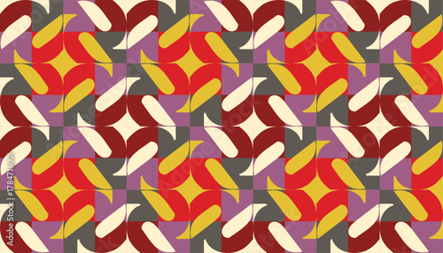 Retro geometric seamless pattern with curved shapes in red, mustard yellow, mauve, and gray tones. The abstract design features flowing symmetry and vintage color combination