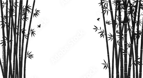 Serene bamboo forest silhouette with delicate flying birds on white background.