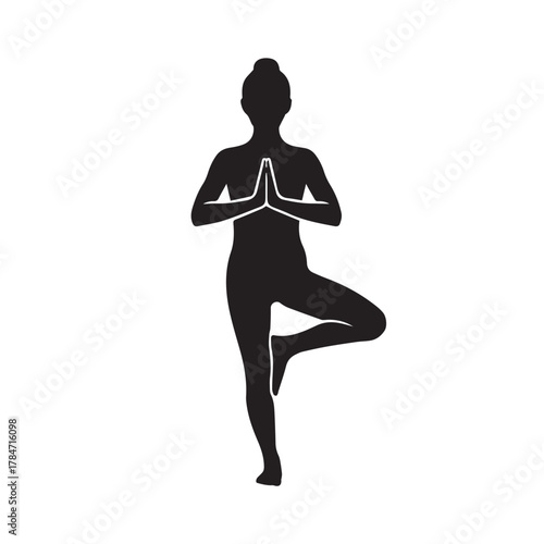 Silhouette of a woman in tree pose isolated on white background