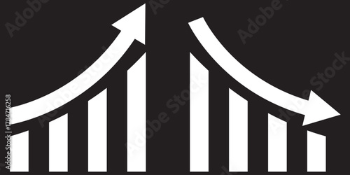 Financial market growth and decline arrow icons. showing financial charts with rising and falling arrows, representing stock market trends, growth, and economic decline.EPS10/AI.