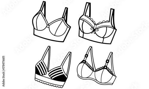 Four detailed line drawings of different bra styles