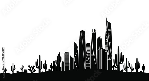 Modern city skyline emerges from a silhouette of desert cacti and landscape.