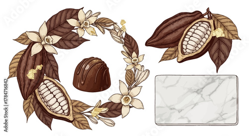 Elegant Chocolate Making Vector Elements, cacao pod wreath and truffle for confectionery branding
