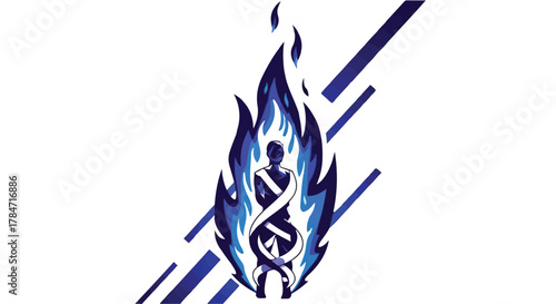 Fiery blue DNA helix engulfs a silhouetted person, symbolizing intense research and discovery.