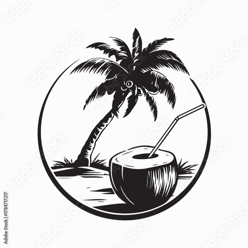Fresh Coconut Drink with Straw on Tropical Beach under Palm Tree image vector