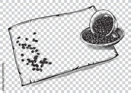 Coffee beans sketch with overturned cup and empty space on vintage sheet paper for text