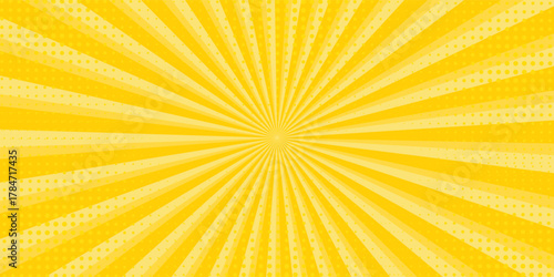 Yellow abstract background with light of sunburst. yellow starburst with halftone. sun ray retro background with flash