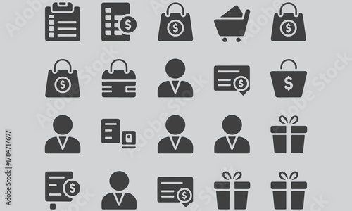 Collection of shopping and business related icons on a gray background