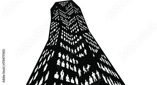 Abstract silhouette of a skyscraper filled with tiny people, symbolizing community and urban life.