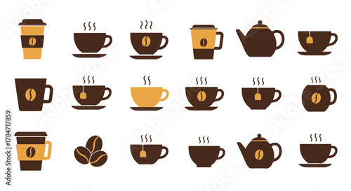 Coffee and Tea Icons Set Diverse Illustrations of Cups, Mugs, and Teapots for Various Design Projects