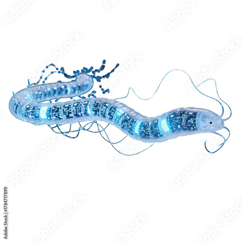 Futuristic glowing worm isolated on transparent background, showcasing advanced technology and bioluminescent design for science fiction concepts
