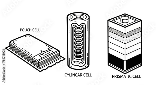 Battery Cell Types - Pouch, Cylindrical, and Prismatic Designs.