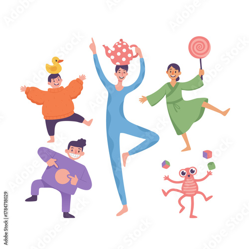 Whimsical Scene Of Five Diverse Characters In A Playful Composition With A Teapot A Rubber Duck A Lollipop And A Juggling Alien Creature