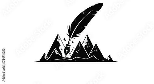 Creative inspiration flows from majestic mountain peaks with a quill pen