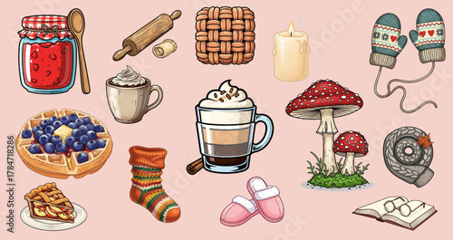 Cozy autumn elements like warm drinks, baked goods, and comforting accessories evoke a sense of hygge and relaxation during fall.