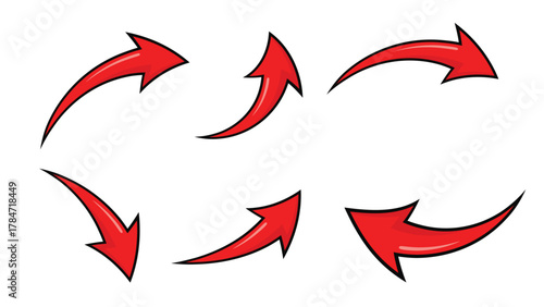 Set of six red curved arrows pointing in different directions isolated on white background vector illustration