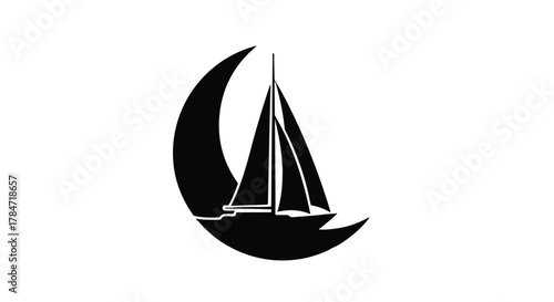Sleek sailboat silhouetted against a crescent moon, evoking a sense of serene adventure and nighttime sailing.