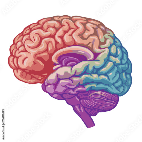 Detailed Illustration of the Human Brain's Structure and Functions, Depicting Different Lobes and Regions in Vibrant Colors