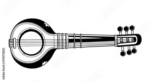 Black and white line art illustration of a traditional Indian dotara instrument.