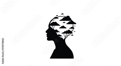 Dreamy silhouette of a woman's head filled with clouds and trees, symbolizing imagination and nature.
