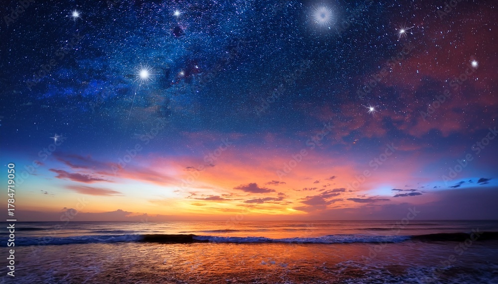 Obraz premium Dramatic Sunset Hues Meet Starlit Skies Shooting Stars Over The Sea Colorful Serene And Magical Atmosphere Stars Sunset