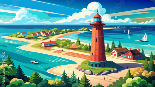 Very beautiful aerial view of Muskegon Lighthouse on Lake Michigan in summer, featuring clear blue water, sandy shoreline, bright sunlight, and a realistic vibrant coastal landscape showcasing Michiga