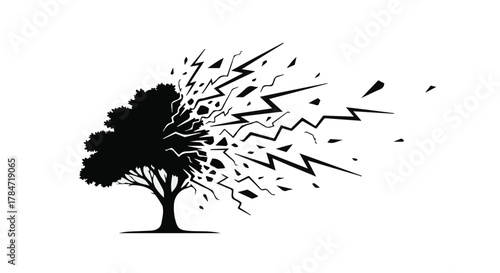 Tree dissolving into abstract energy fragments against a white background, symbolizing change and transformation.