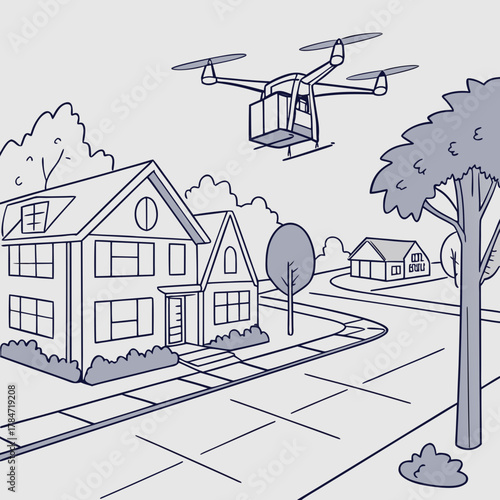 Drone delivering package to a suburban house with trees and road