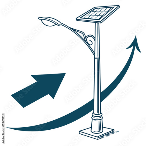 Solar powered street light with upward trending arrows symbolizing growth and progress