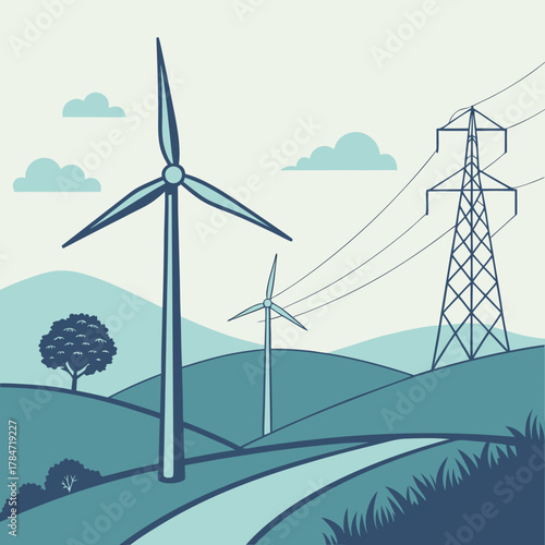 Wind turbines and power lines in a scenic landscape with rolling hills and clouds