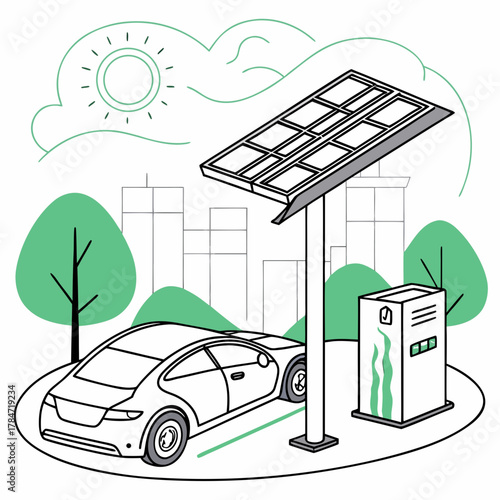 Electric car charging station powered by solar energy in a city
