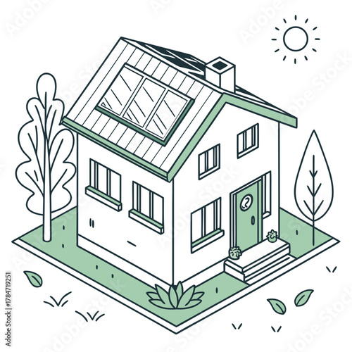 Eco friendly house with solar panels on the roof and green surroundings