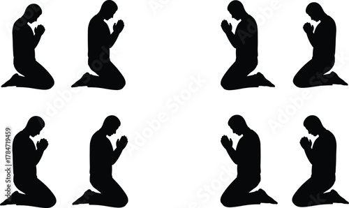 Silhouette of Kneeling Person in Prayer Pose, Spiritual Meditation Concept, Black Figure on White Background, Minimalist Devotion Illustration