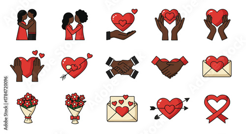 Expressive vector icon set depicting diverse romantic gestures, affection, partnership, and heartfelt emotions, suitable for digital media, relationship content, and Valentine's Day designs