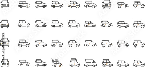Car icons set, automotive vehicle design, transportation concept, front and side view, outline minimal style, CAD drawing flat vector illustration