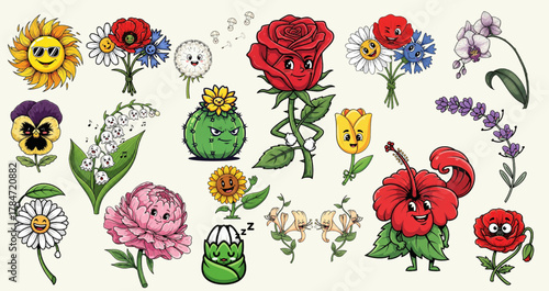 Delightful cartoon flower characters bring joyful, whimsical vibes to your designs, a vibrant botanical collection perfect for children's projects