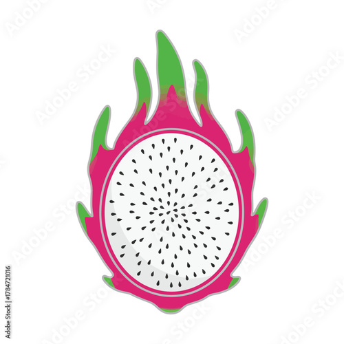 a minimalist modern vector icon of a dragon fruit, using fuchsia pink, vibrant green, and crisp white tones, isolated on a solid white background.