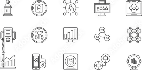 Business technology connection icons, data analytics teamwork management symbols, innovation process communication concept, digital interface design, CAD drawing flat vector illustration