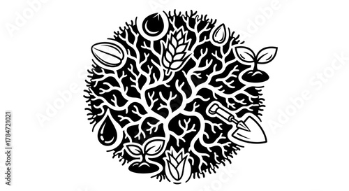 Circular black and white illustration of agriculture and nature icons.