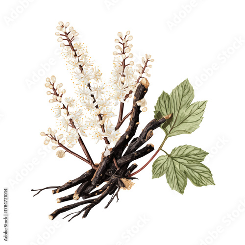 An EPS format illustration, A Simple 2D vibrant black cohosh root and flowers Collection isolated on a white background, vector, watercolor simple flat 2D icon, minimalist design, plant collection