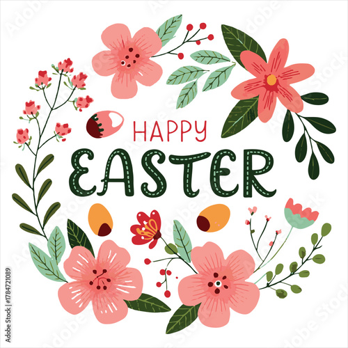 Happy Easter Floral Wreath – Colorful Spring Celebration Art