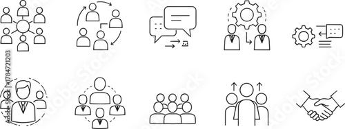 Teamwork collaboration communication icons, leadership management network connection, business success strategy outline symbols, CAD drawing flat vector illustration