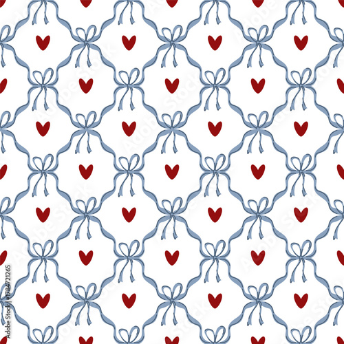 Flirty Preppy coquette bow heart damask seamless pattern textile, baby clothes, wallpaper, wrapping