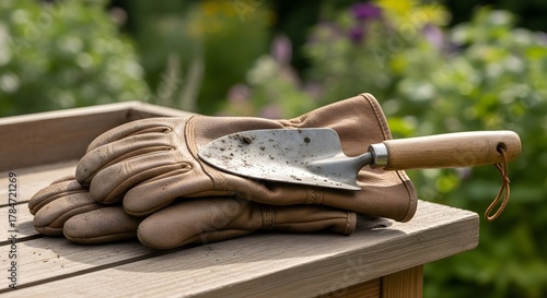 Rustic Gardening Essentials: Leather Gloves & Wooden Trowel Outdoors