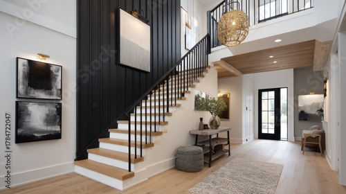 Modern house interior white walls black staircase contemporary architecture home design luxury	