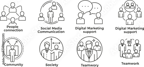 Business communication teamwork icons, people connection concept, social media marketing, community management, corporate collaboration symbols, cad drawing flat vector illustration