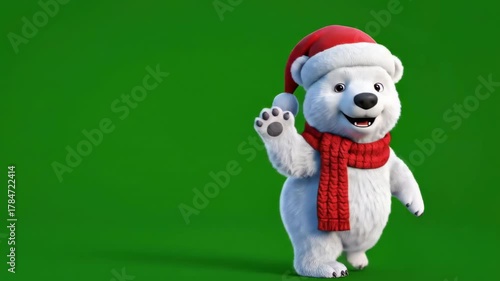 Cute Christmas Polar Bear Animation | Waving Holiday Bear in Santa Hat & Scarf | Festive Greeting Clip