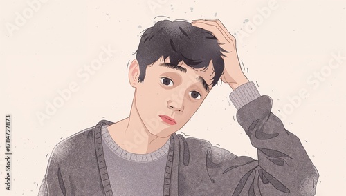 Worried young man with hand on head pondering life decisions and feeling stressed in modern times for mental health awareness campaigns