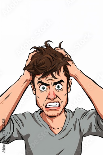 Stressed man pulling his hair out in desperation over challenges, showing anxiety, panic, and frustration for mental health concepts